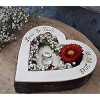 Hochzeit Ringkissen Ringhalter Herz Mille Fleurs naturrot Holzherz für Eheringe mit Namen