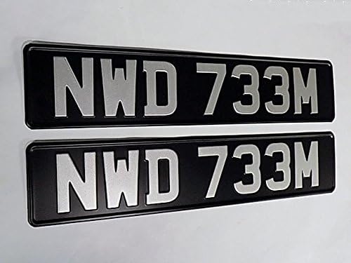 Vintage Pressed Number Plates x 2 with Silver No's and a Full Black Border