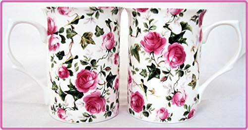 Ivy Rose Mugs Set of 2 Fine Bone China Pink Roses Flowers Mugs Hand Decorated in the UK Free UK Delivery