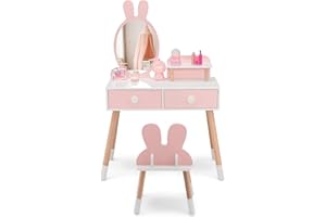 COSTWAY Toeletta Trucco 2 in 1 per Bambina, Specchiera a Forma di Coniglio Staccabile per Ragazza in Legno con Sgabello, Ripiano e 2 Cassetti, Postazione Trucco, 78 x 37 x 110cm (Rosa)