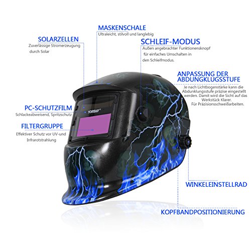 Yorbay® Solar Automatisch verdunkelnd Schweißhelm Schweißmaske mit 5 Stück Ersatzgläser, Schleif-Funktion (Skull, Lightning) - 2