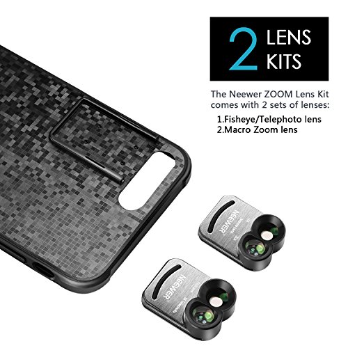 Neewer para iPhone 7 Plus 2-en-1 Kit de Lente Clip-in Incluye: (1) 2-en-1 Ojo de pez del 160 Grados y Lente telefoto 3X, (1) 2-en-1 Lente Macro (1) cáscara del teléfono