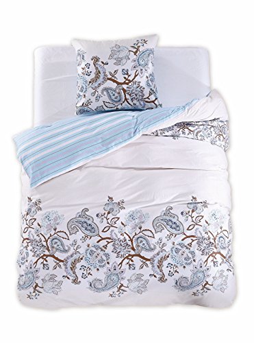 155x220 cm Bettwäsche mit 1 Kissenbezug 80x80 Renforcé Bettwäscheset Bettbezüge 100% Baumwolle Bettwäschegarnituren Reißverschluss Diamond Collection Bordure blau hellblau creme ecru braun