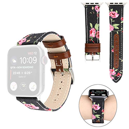 Preisvergleich Produktbild Mumuj Echtes Lederarmband, Lederband Flower Printed Strap Replacebale Ersatzband Uhrenarmband mit Interlock Smart Watch Armband für Apple Watch Serie 4321 42 / 44mm (Schwarz)