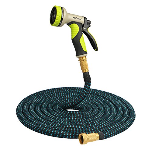 Flexibler Gartenschlauch Set 15M inkl. Brause Düse mit 9 Funktionen, Leicht Wasserschlauch mit Verstärktem Gewebe für Bewässerung Gartenarbeit Autowäsche Reinigung Haustier, Messing Zubehör, 3-fach Dehnbar bis 15M