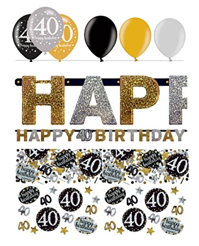 FesteFeiern® Dekoration Girlande zum 40. Geburtstag | Geburtstags Deko 40. | 8 Teile gold schwarz silber mit Luftballon | Party Deko 40 happy birthday