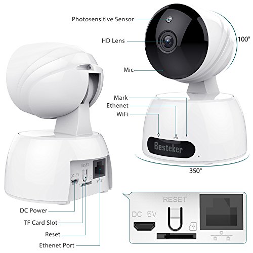 Telecamera IP intelligente wireless Besteker Wifi Telecamera di sicurezza domestica HD 720P con audio bidirezionale, rilevamento del movimento, visione notturna per uso interno ed esterno (bianca)