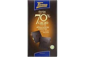 Tirma Barre de Chocolat Noir aux Amandes Entières 125g | Chocolat 70% de cacao | Sans Gluten | Collation Végétarien