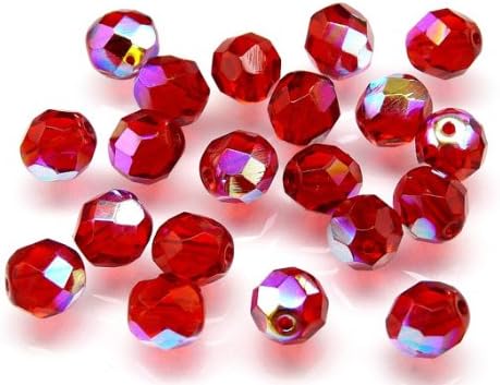 25pcs Czech Fire-Polished Faceted Glass Beads Round 8mm, Ruby AB (B494)
