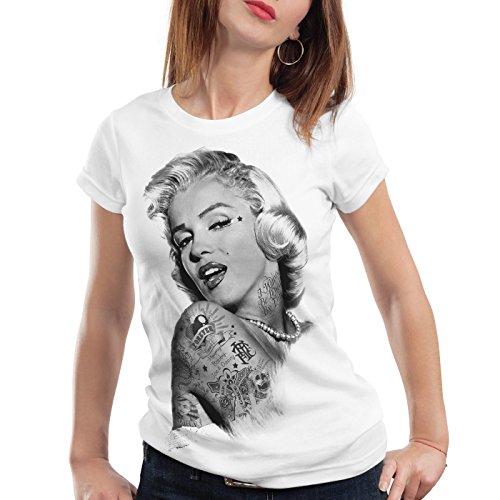 style3 Marilyn Tattoo Camiseta para Mujer T-Shirt Hollywood Star Monroe, Color:Blanco, Talla:M