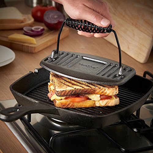 VonShef schwarze, bereits eingebrannte, flache und gusseiserne Fleischpresse 8” X 5” - 4