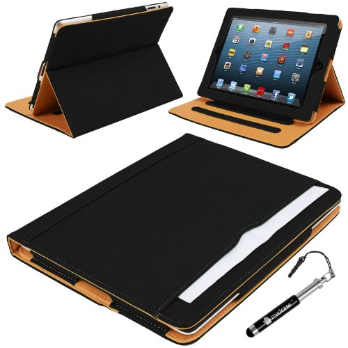 Madcase Apple iPad 4 / 3 / 2 Smart Case Etui Faux Ledertasche Hülle mit Auto Schalf und Wach Sleep-Funktion inkl. Displayschutzfolie und Stylus Touch stift - Schwarz / Beige