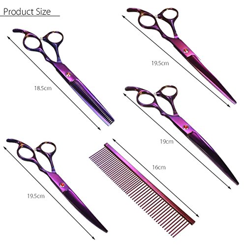 Pet-Grooming-Scissors-Kit-Focuspet-5-PCS-Cutting-Thinning-Curved-Scissors-Comb-with-Pouch-Purple