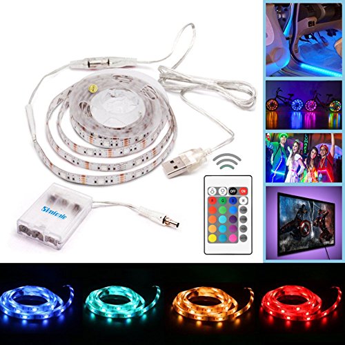 Simfonio Tiras Led 1m 30 Leds IP65 Impermeable 5050 SMD RGB Tira LED Kit Completo con Mini Control y Cable USB y Batera Carcasa
