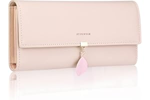 FT FUNTOR PU Leather Wallet for Women RFID Blocking Ladies Leaf Pendant Coin Zipper Long Purse with Multiple Card Slots and Card Holders Phone Pocket (Pink)