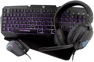 DeepGaming X-Wing 2 Pack Gaming 4 en 1 - Teclado Membrana QWERTY con Ñ Retroiluminado, Ratón Óptico RGB 7200DPI, Auriculares con Micrófono, Alfombrilla Antideslizante. Set Up Gaming Multiplataforma