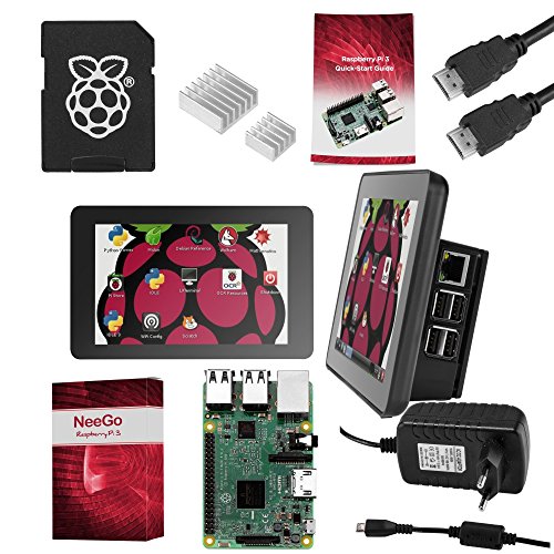 Raspberry Pi 3 Ultimate Starter Kit – Komplettes Set beinhaltet Raspberry Pi 3 Model B Motherboard, 7” Touchscreen Display, Netzteil, 16GB SD Karte, 2 Wärmeableiter, Offizielles Gehäuse & 182cm HDMI Kabel