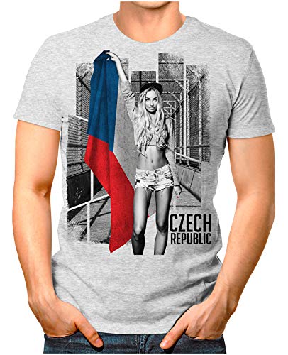 OM3® – Czech-Republic-Soccer-Girl – Herren T-Shirt EM 2020 Fußball Trikot Sexy Frau Tschechien Vintage Grau Meliert S