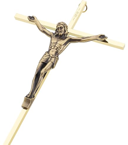 Raro grande crocifisso da parete in legno e ottone raffigurante Gesù Cristo - Italia