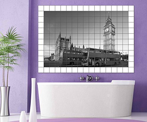 London Fliesenaufkleber 15 10 25 20 cm Fliesenbild schwarz weiß Bus Skyline Stadt Fliesen Aufkleber Bad Küche 8A159, Bildformat:90cmx60cm;Fliesengröße:Fliese 10x10cm