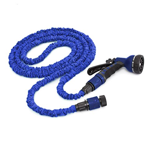 Preisvergleich Produktbild Relaxdays Flexibler Gartenschlauch 15m ausgedehnt mit Sprühpistole und 7 Funktionen, blau