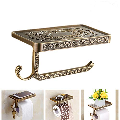 LuckyStart Toilettenpapierhalter Wand montiert Art Geschnitzt Toile Papier Halter mit Telefon mit Ablage und Haken Vintage Decor Stil (Bronze