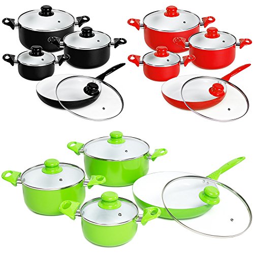 TecTake 8 teiliges Keramik Kochtopf Set mit Glasdeckel -diverse Farben- (Grün)