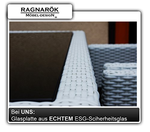 Gartenmöbel PolyRattan Essgruppe Tisch mit 4 x Stuhl & 4 Hocker DEUTSCHE MARKE -- EIGNENE PRODUKTION Garten Möbel incl. Glas und Sitzkissen Ragnarök-Möbeldesign