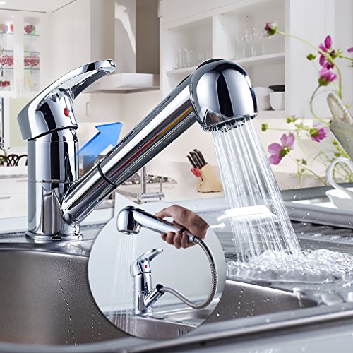 AuraLum® Küchenarmatur mit Ausziehbare Schlauch Chrom Spültisch-Einhebelmischer Einhandmischer Küchenarmaturen für Küche Mischbatterie - 7