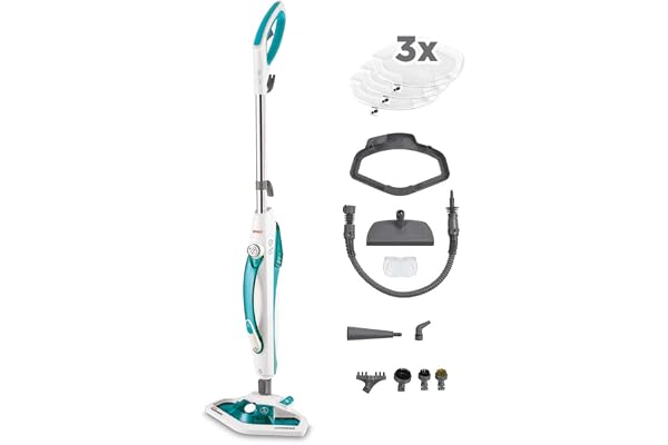 Polti Vaporetto SV450 Double, Balai Vapeur 2-en-1 avec Nettoyeur à Main, 13 Accessoires Inclus et Serpillères Supplémentaires, Réservoir Amovible de 0,3 l, Bleu Clair et Blanc