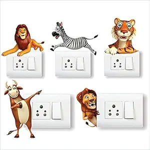 AH Decals Amazing Animal Cartoon 3D Wall Switch Board Stickers for Living Bed Kids Room | (Set of 5)