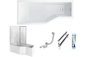 ECOLAM Duschbadewanne Set Badewanne + Badewannenabtrennung Duschwand Eckbadewanne Integra 170x75 cm LINKS Acryl weiß + Schürze Ablaufgarnitur Ab- und Überlauf Automatik Füße Silikon raumsparend