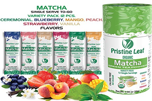 Pristine Leaf | Matcha Single Serve | Flavored Variety Pack | 12 Single Serve Packets to Go Sticks | Strawberry, Mango, Blueberry, Peach, Vanilla, Ceremonial | No Sugar | Calorie Free | Vegan | USDA