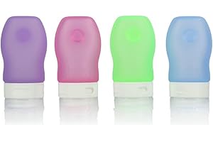PURE VIE Puve Vie® Botellas de viaje Portátil Silicona con Ventosa - 4 Piezas (1,25 Oz/ 37ml) - 100% libre de BPA Contenedores para Champú, Bálsamo, Crema de Baño, Loción...etc - Aprobado por la TSA