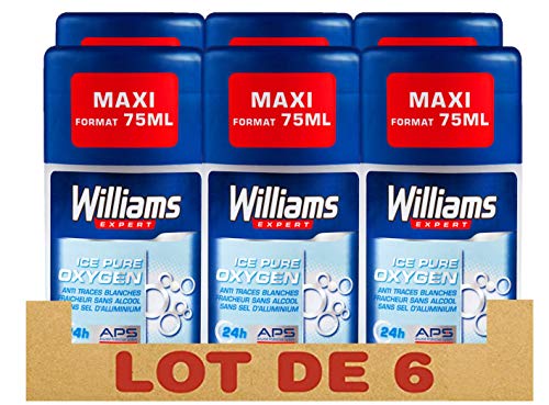 Williams Expert Déodorant Homme Stick Protection 24h Ice Pure Oxygen Anti-Traces Blanches Formule Testée Dermatologiquement, Sans Sels d'Aluminium (Lot de 6x75ml)