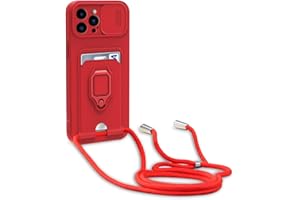 yanasuo Schiebe Kameraschutz Silikon Handykette Hülle kompatibel mit iPhone 14 Pro Max, Metall Ring Halter Handy Cover,Verstellbarer Halskette Handyhülle-Rot