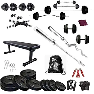 BODYFIT Home Gym Combo Flat Bench with 60 KG Weight Plates 4 RODS Home Gym Set & Fitness kit , Black