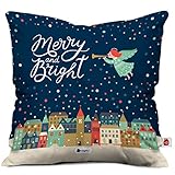 Indigifts Merry & Bright Print Blue Cushion Cover 12x12 with Filler (Xmas Gift for Her, Him, Boy, Girl, Dad, Mom, Friends, Family) - Christmas Decorations