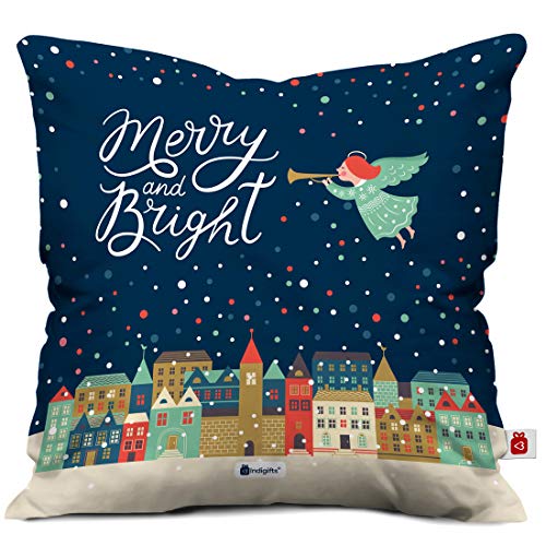 Indigifts Merry & Bright Print Blue Cushion Cover 12x12 with Filler (Xmas Gift for Her, Him, Boy, Girl, Dad, Mom, Friends, Family) - Christmas Decorations