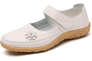 VLOOKST Womens Leather Mary Janes Ladies Fit Flat Shoes Comfort Casual Work Office Nursing Sandals