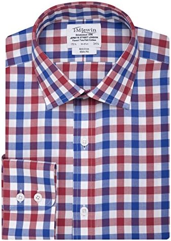T.M.Lewin Men's Non-Iron Block Check Slim Fit Button Cuff Shirt, Red Royal Blue, 16"