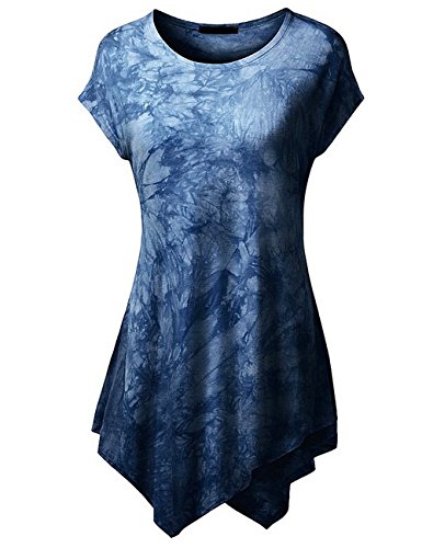 Dragonpad Women Short Sleeve U-Neck Tie-Dye Long Tunic Top Irregular Hem T-shirt Dark Blue M