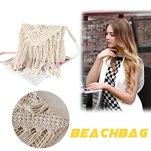 Preisvergleich Produktbild Strandtasche Handmade Damen Knitting Häkeln Schnur Crossbody Tasche Umhängetasche langen Fransen coolen Ethno Style 27 * 20 cm