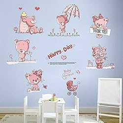 decalmile Rosado Osos del Bebé y Flores Pegatinas de Pared Extraíble Cuarto del Bebé Vinilo Pegatinas Sala de Las Niñas Guardería Infantil Dormitorio de Niños Decoración (6 Osos, Cada Tamaño: 30X25cm)