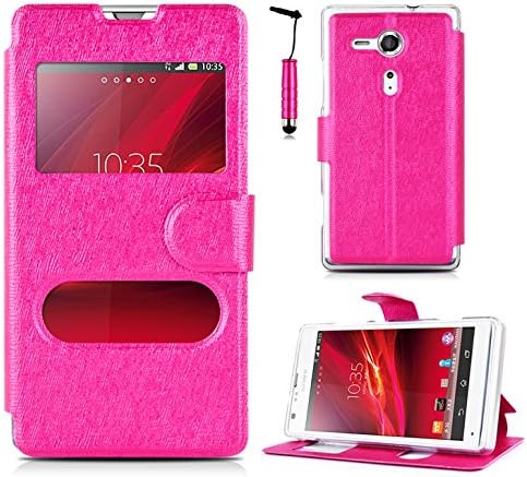 Magic Global Gadgets - Pink Window Leather Book Smart Flip Case Cover For Sony Xperia SP M35H / HSPA C5302 / LTE C5303 / LTE C5306 With Magnetic Closure + Media Stand + Fitted Silicone Gel Frame Inside + Screen Guard &amp; Stylus Pen