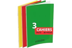 CONQUERANT Conquérant Lot de 3 Cahiers Classique 24x32 cm Grands Carreaux Seyès 48 Pages Agrafées, Couleurs Assortis