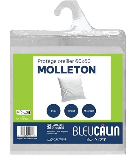 Protège Oreiller 60x60 Cm DROUAULT Soft Pro - 100% Coton, Traitement Sanfor Anti-rétrécissement, Lavable 60°C - Fabriqué En France