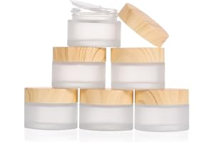 LUFEVRM Pack of 6 glass containers, 30 ml empty containers, cream containers, small tins with cover made of wood grain, frosted glass jar, used for cosmetics, lip balm, lotions, creams, samples, travel