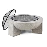 blumfeldt Troja Stone Line - Brasero, 75 cm de diamètre, Pierre reconstituée, Grille de Barbecue Incluse, Design Simple, Large Rebord, Pare-étincelles, Tisonnier, Gris