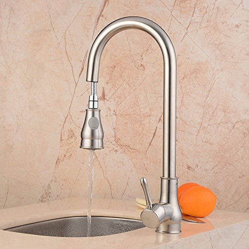 Hiendure® Modern Messing Ein Griff Hochbogen Herausziehen Sprühen Küchenarmatur Bassinhahn Bad Wasserhahn Schwenkbarer Auslauf, Nickel gebürstet - 3